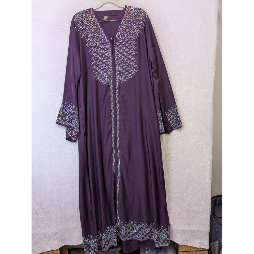 Magic Touch Dubai Purple Rhinestone Abaya Zip Front Maxi Dress XL